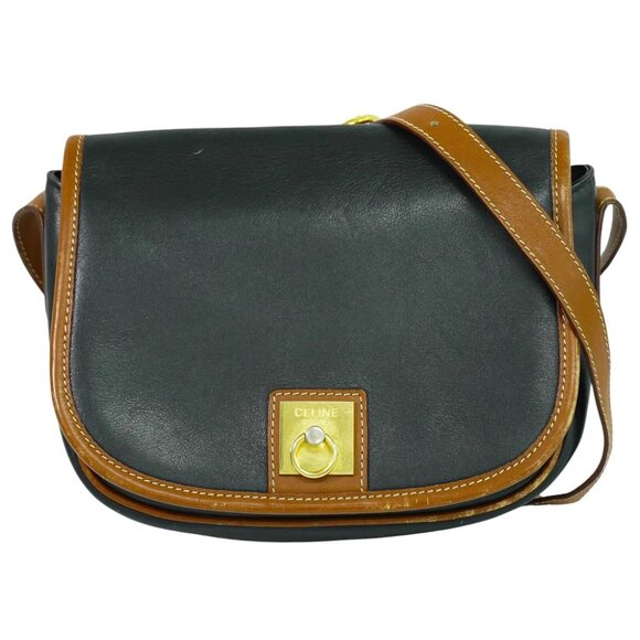 CELINE Leather Shoulder Crossbody Bag Black Gold